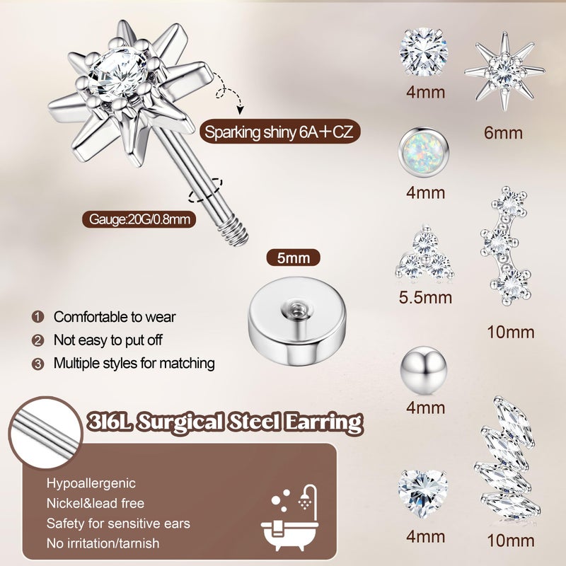 LOYALLOOK Hypoallergenic Flat Back Earrings Silver Plated Cartilage Earring Stacks Surgical Stainless Steel Earrings For Sensitive Ears Women Helix Conch Tragus Piercing Jewelry Flatback Stud Earring Set - Image 3
