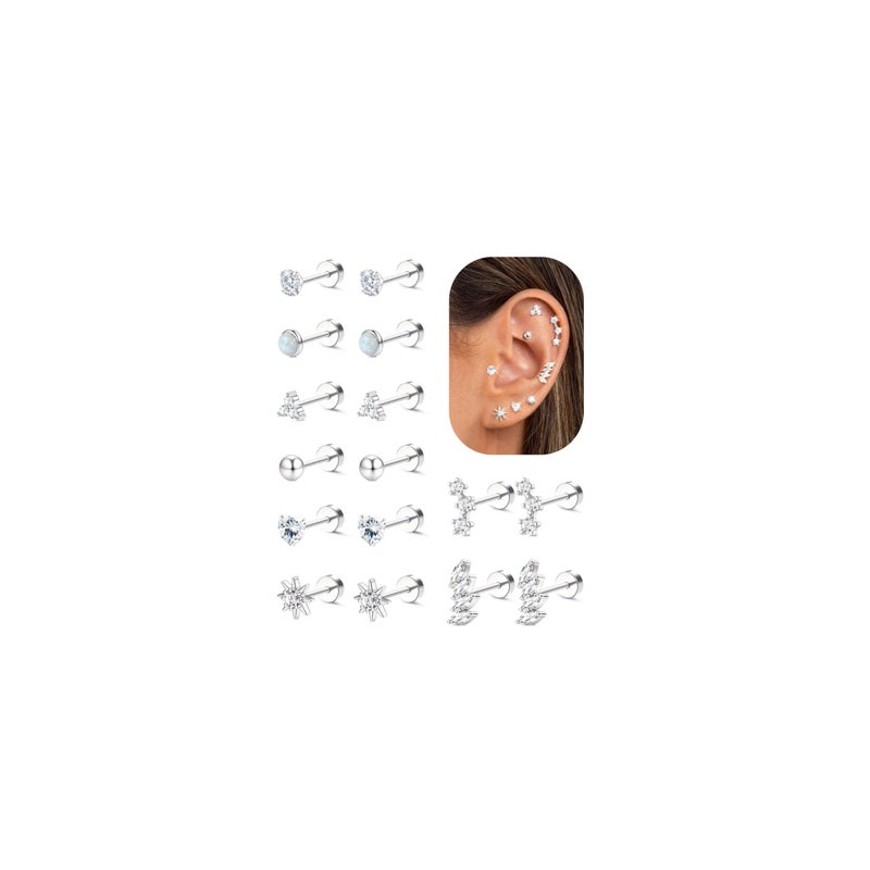 LOYALLOOK Hypoallergenic Flat Back Earrings Silver Plated Cartilage Earring Stacks Surgical Stainless Steel Earrings For Sensitive Ears Women Helix Conch Tragus Piercing Jewelry Flatback Stud Earring Set - Image 1