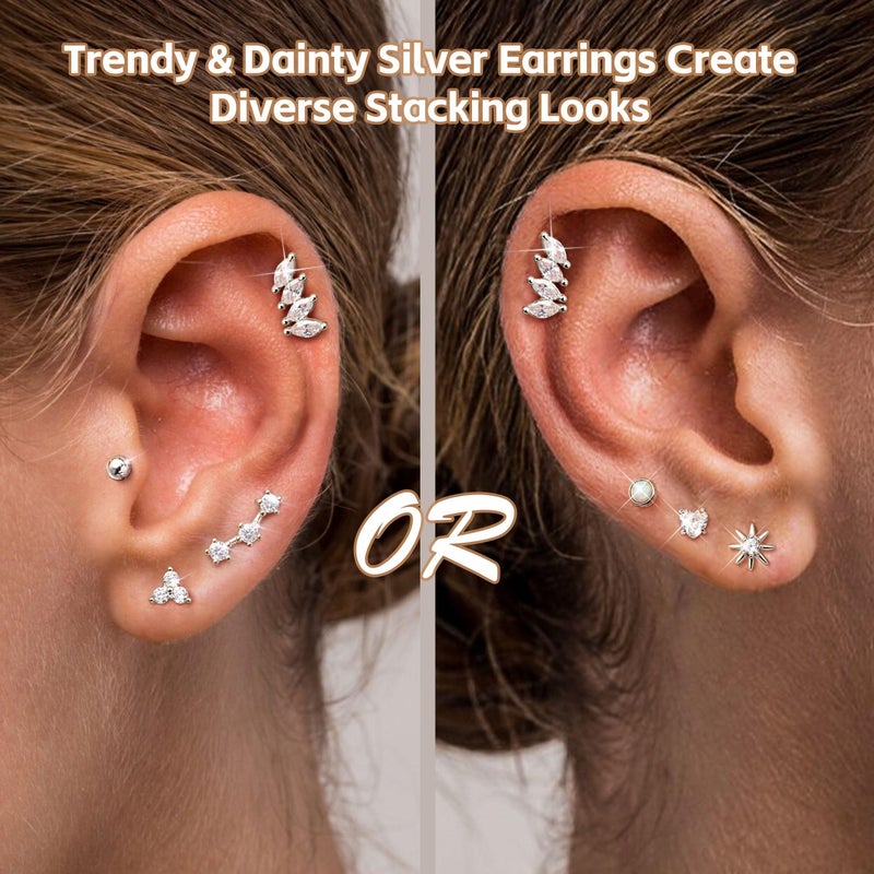 LOYALLOOK Hypoallergenic Flat Back Earrings Silver Plated Cartilage Earring Stacks Surgical Stainless Steel Earrings For Sensitive Ears Women Helix Conch Tragus Piercing Jewelry Flatback Stud Earring Set - Image 4