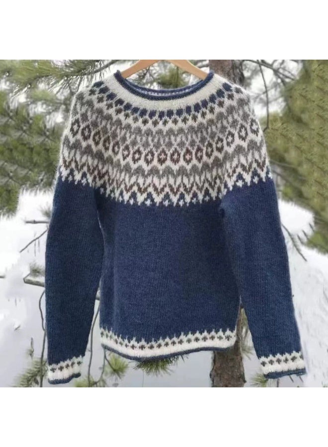 general Womens Fall Vintage Fair Isle Sweater Casual Loose Long Sleeve Crewneck Knitted Pullover Sweater Tops - Image 1