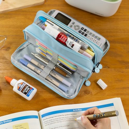 CICIMELON Big Capacity Pencil Case 3 Compartments Pen Pouch Bag Multifunctional Organizer for School Office, Haze Blue - Image 2