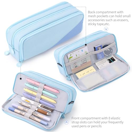 CICIMELON Big Capacity Pencil Case 3 Compartments Pen Pouch Bag Multifunctional Organizer for School Office, Haze Blue - Image 3