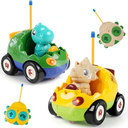 QPOU سيارة ديناصور عن بعد QPOU 2Pack للأطفال هدايا عيد الميلاد للأولاد toddlers أعمار 18 شهر 2 3 4 5 سنة سيارة دينو RC مع أضواء وموسيقى - Image 1