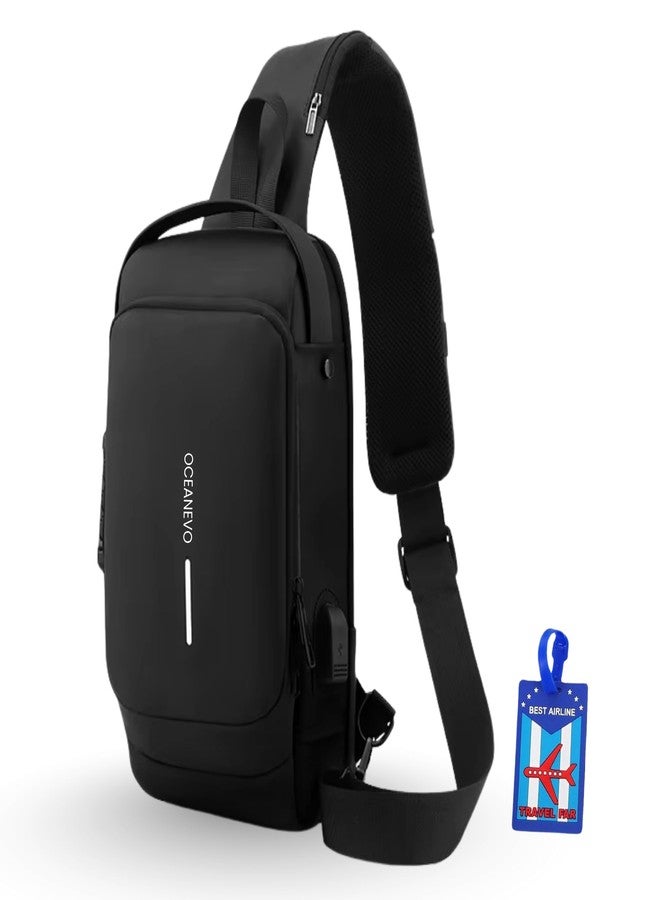 OCEANEVO Stylish Anti Theft Crossbody Sling Bag for Men WITH Luggage Tag, Chest Bag for Travel WITH Lock and USB Charging Port - 1 Year Warranty - 32 x 19 x 8 Cm - Black - Image 1