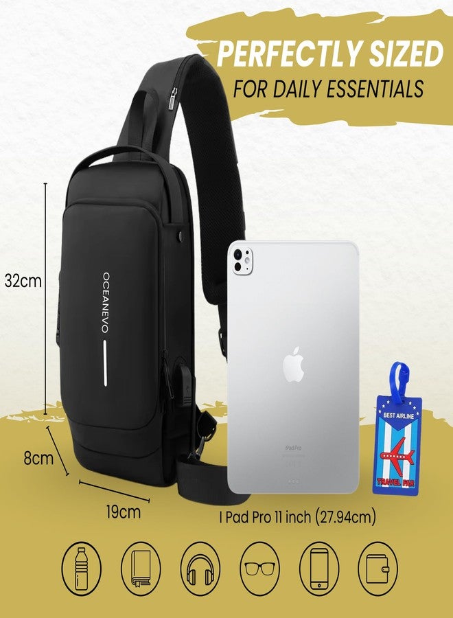 OCEANEVO Stylish Anti Theft Crossbody Sling Bag for Men WITH Luggage Tag, Chest Bag for Travel WITH Lock and USB Charging Port - 1 Year Warranty - 32 x 19 x 8 Cm - Black - Image 2