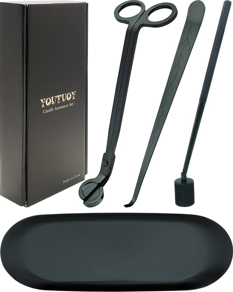 YOUTUOY 4 in1 Candle Accessory Set with Storage Tray Plate Candle Wick Trimmer Candle Wick Snuffer Candle Wick Dipper Great for Scented Candles Lovers Matte Black