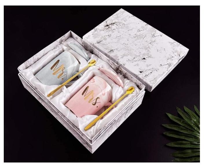 Mr and Mrs Coffee Mug, ceramic marble coffee/tea Cupp with lid, Spoon set, personalized gift set for Couple, Parents, Wedding Gift, Bridal, Engagement (14oz)