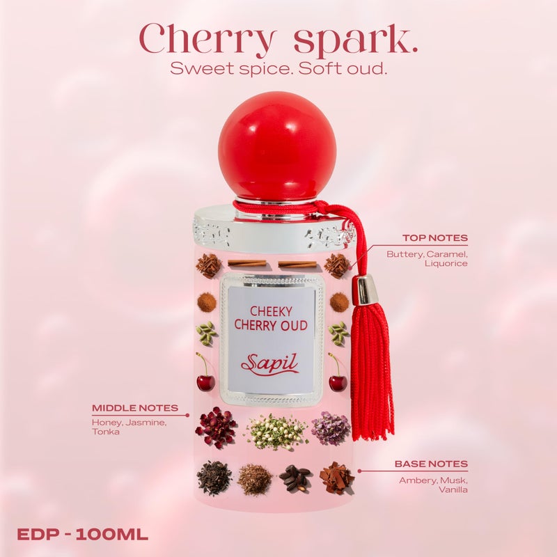 Sapil Cheeky Cherry Oud Eau de Parfum â€“ Long Lasting Unisex Floral Oud Perfume | Cherry, Jasmine & Leather Notes | Sweet Spicy Oud Fragrance | 3.4 oz / 100ml - Image 2