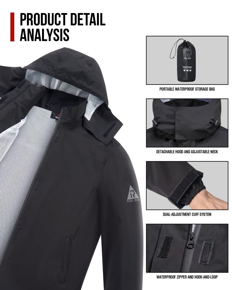 RIDEIRON Rain Suit, Motorcycle rain gear for men, 15000mm Rating,Reflective, Detachable Hood - Image 4