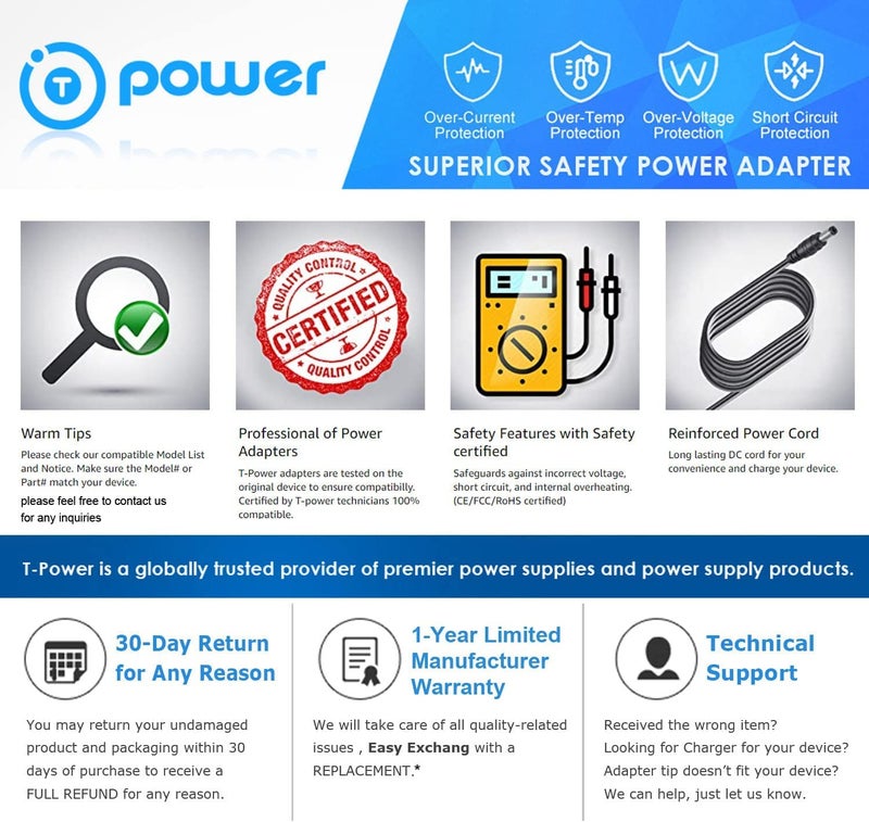 T POWER 9v12V 6.6ft Long Cable Ac Dc Adapter for X Rocker Pro Series H3 51259 Video Gaming Chair 51231,51396 & V Rocker 5130301 SE Power Supply Cord Charger - Image 3