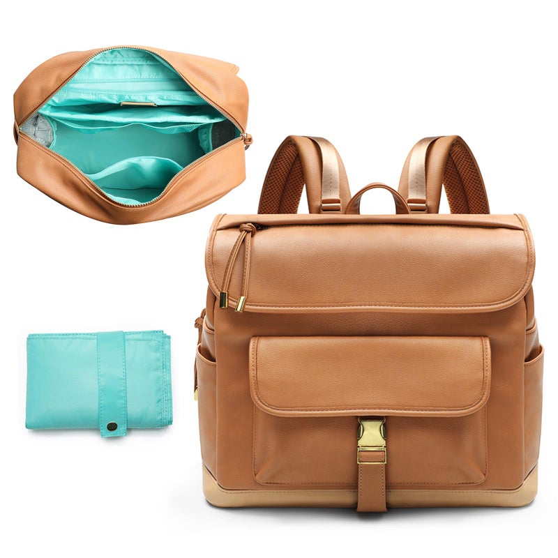 MOMINSIDE Diaper Bag Backpack, 12 Pockets Leather Mini Diaper Bag, Baby Bag Backpack, Baby Registry Search, 4 Insulated Pockets, Changing Pad, Stroller Straps(Brown) - Image 1