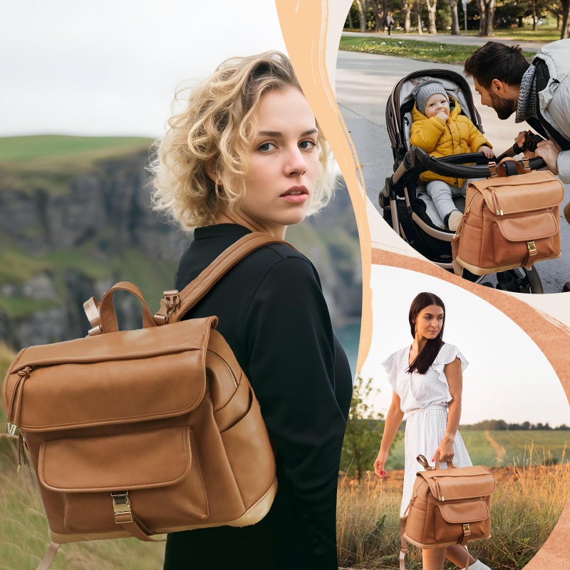 MOMINSIDE Diaper Bag Backpack, 12 Pockets Leather Mini Diaper Bag, Baby Bag Backpack, Baby Registry Search, 4 Insulated Pockets, Changing Pad, Stroller Straps(Brown) - Image 2