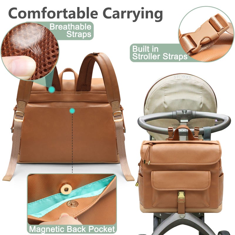 MOMINSIDE Diaper Bag Backpack, 12 Pockets Leather Mini Diaper Bag, Baby Bag Backpack, Baby Registry Search, 4 Insulated Pockets, Changing Pad, Stroller Straps(Brown) - Image 5