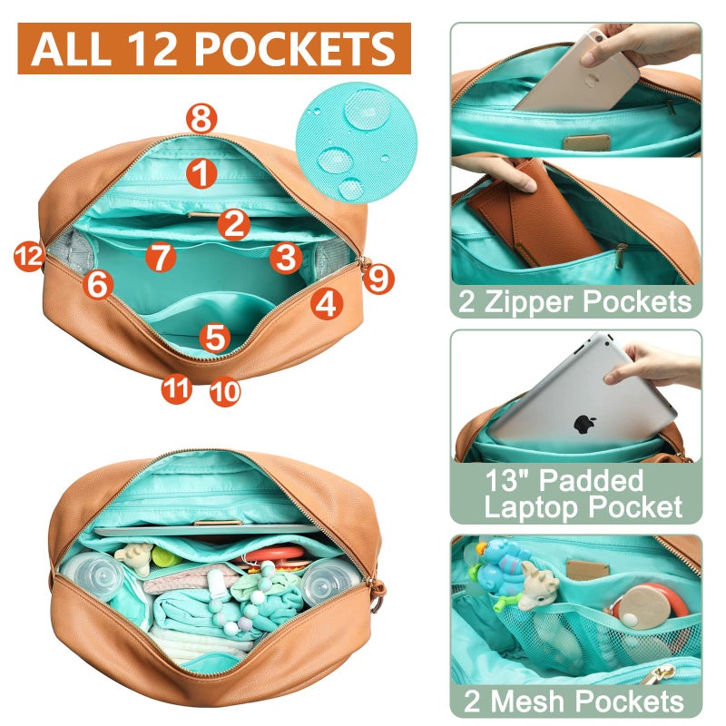 MOMINSIDE Diaper Bag Backpack, 12 Pockets Leather Mini Diaper Bag, Baby Bag Backpack, Baby Registry Search, 4 Insulated Pockets, Changing Pad, Stroller Straps(Brown) - Image 3