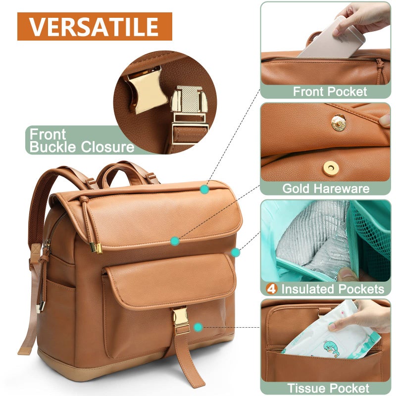 MOMINSIDE Diaper Bag Backpack, 12 Pockets Leather Mini Diaper Bag, Baby Bag Backpack, Baby Registry Search, 4 Insulated Pockets, Changing Pad, Stroller Straps(Brown) - Image 4