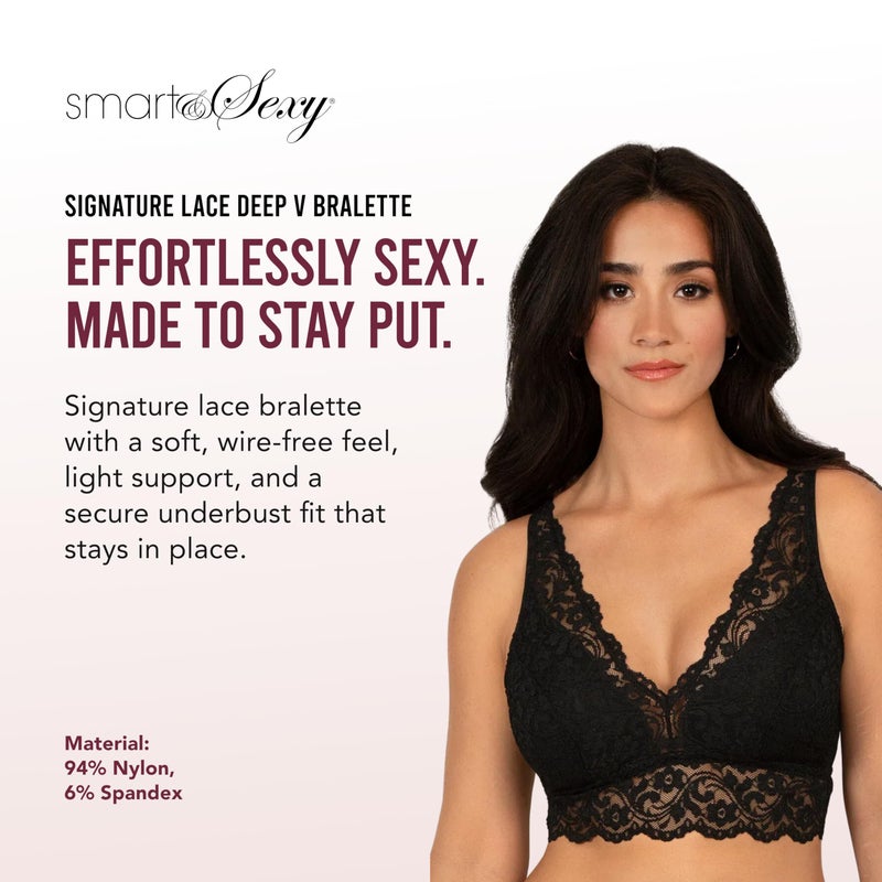 Smart & Sexy Women's Signature Lace Deep V Neck Wireless Bralette, Bralettes For Women With Support, Bralettes and Bralette Pack In the Buff/White/Black L - Image 4