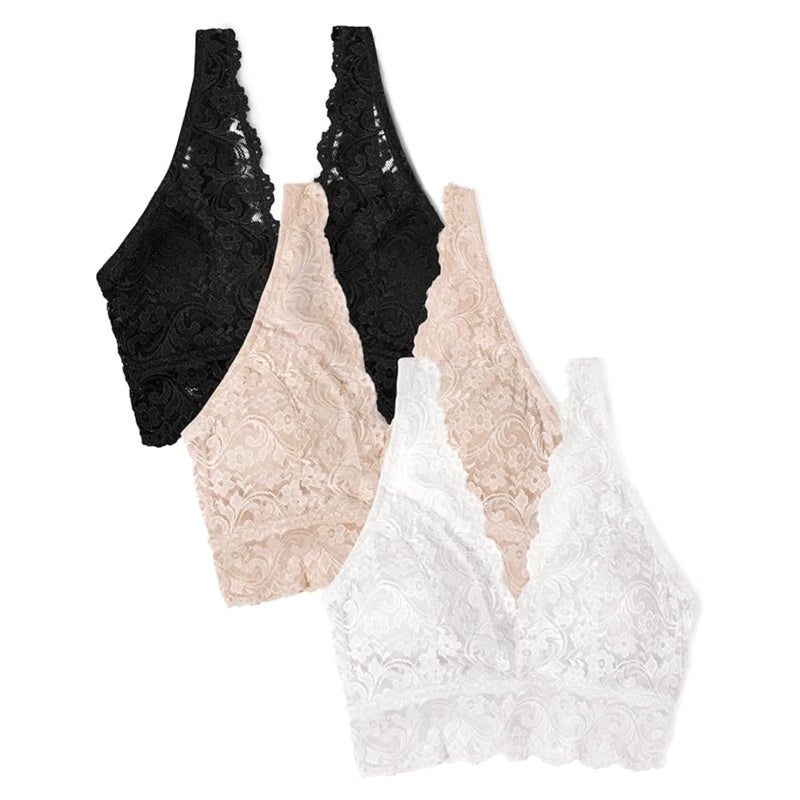Smart & Sexy Women's Signature Lace Deep V Neck Wireless Bralette, Bralettes For Women With Support, Bralettes and Bralette Pack In the Buff/White/Black L - Image 1