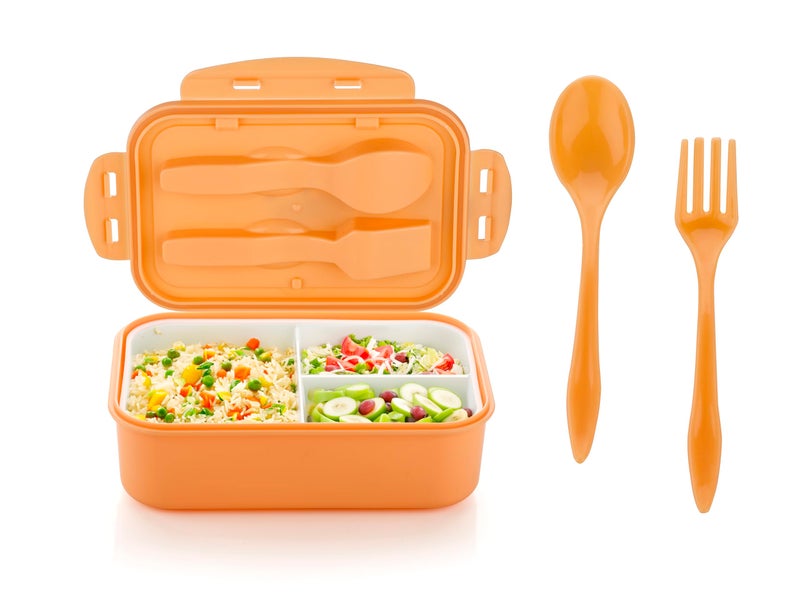 Attro Carbon Lunch Box with 3 Compartment, Stylish lid & 2 Spoons Made with Heavy Plastic BPA Free Food Grade Perfect for School Kids, College & Outdoor 1100ml - Peach - Image 5