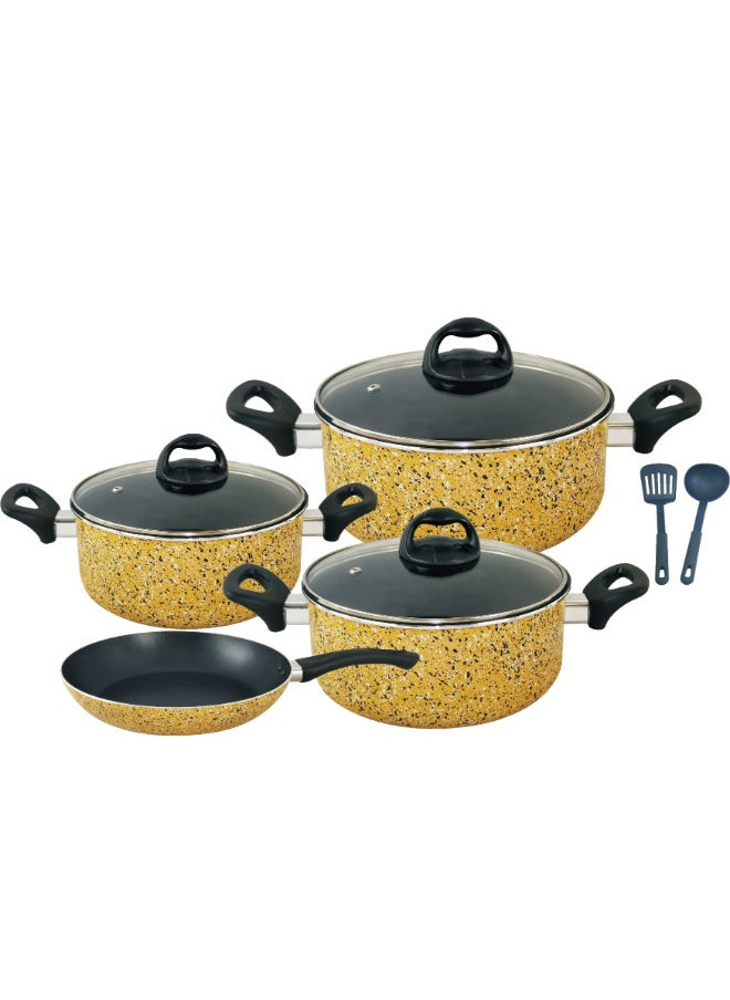 Trust 9-Piece Cookware Set Non-Stick Aluminum With Tempered Glass Lid & Heat Resistant Handle Size 20,24,24,26CM Yellow 