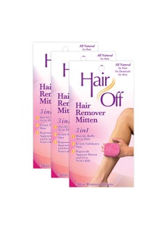Hair Off Hair Remover Mitten - All-Natural, Painless & Chemical Free - Full Body Hair Removal - Slows & Lessens Regrowth - Exfoliates Skin (3 Mittens Per Box, Pack of 3)