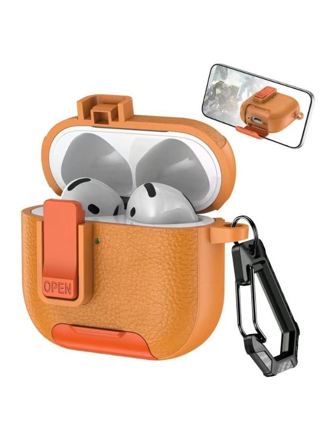 AirPods Pro 3 Locking Leather Case with Carabiner & Phone Stand - Anti-Loss Secure Cover for Apple AirPods Charging Case (Orange) - Image 1