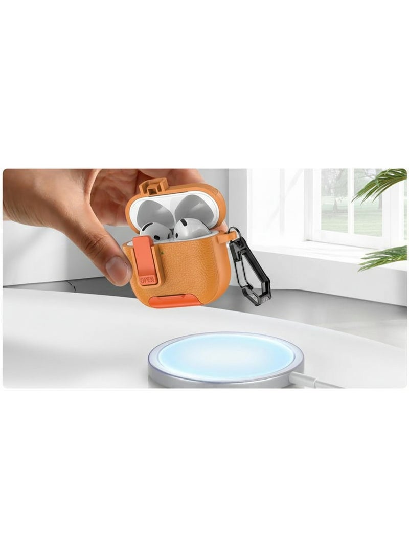 AirPods Pro 3 Locking Leather Case with Carabiner & Phone Stand - Anti-Loss Secure Cover for Apple AirPods Charging Case (Orange) - Image 4