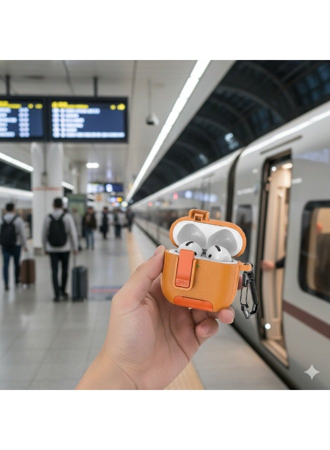 AirPods Pro 3 Locking Leather Case with Carabiner & Phone Stand - Anti-Loss Secure Cover for Apple AirPods Charging Case (Orange) - Image 2