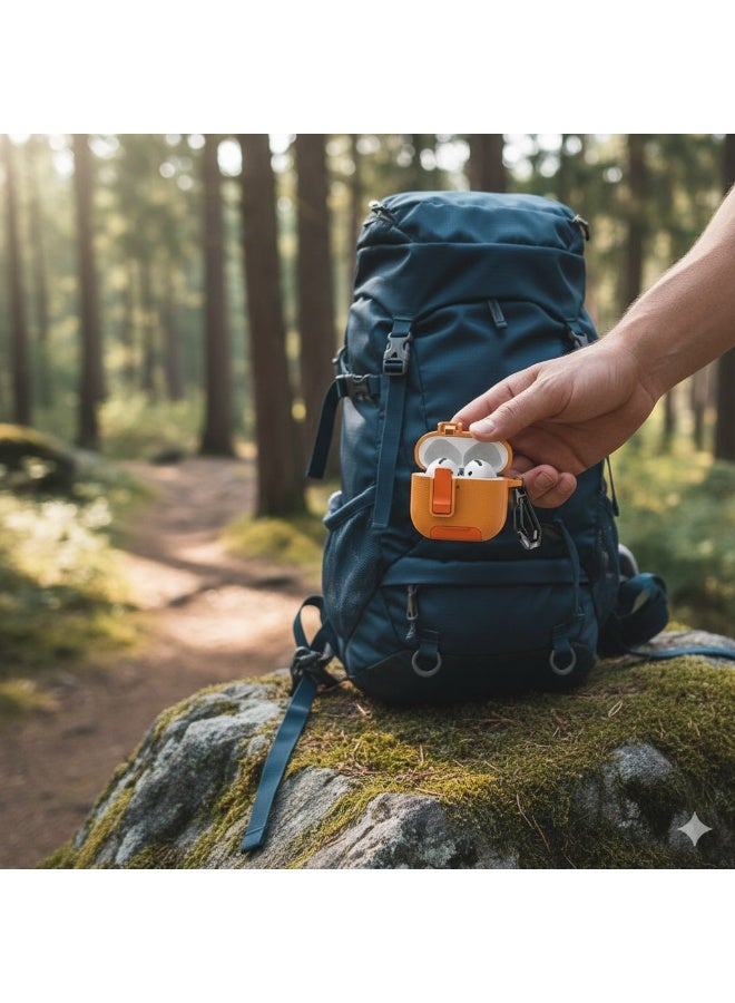 AirPods Pro 3 Locking Leather Case with Carabiner & Phone Stand - Anti-Loss Secure Cover for Apple AirPods Charging Case (Orange) - Image 3