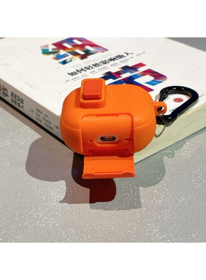 AirPods Pro 3 Locking Leather Case with Carabiner & Phone Stand - Anti-Loss Secure Cover for Apple AirPods Charging Case (Orange) - Image 5