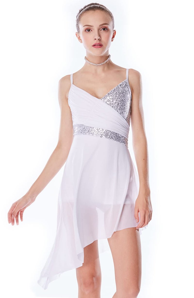 ELLYDOOR Women Lyrical Modern Ballet Dress Camisole Skirted Leotard Asymmetrical Tulle Dance Costume Small White - Image 2