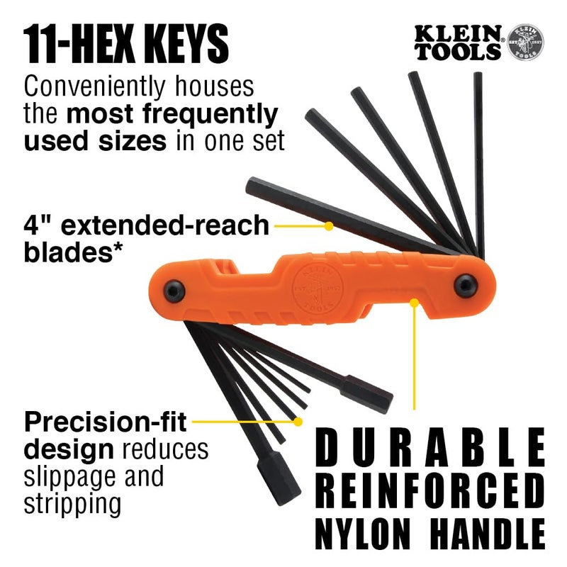 Klein Tools 70550 Hex Wrench Key Set, 11 SAE Sizes, Heavy Duty Folding Allen Wrench Tool with Extra Long Hex Keys - Image 3