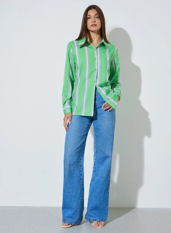 ستايلي Green Striped Long Sleeve Regular Fit Shirt