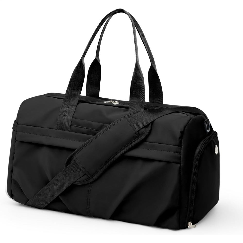 Gym Bag for Women Men with Shoe Compartment, Sport Duffel Bag, Waterproof Travel Weekender Overnight Carry-on Bag for Yoga with Trolley Sleeve, Black, Shoe Compartment