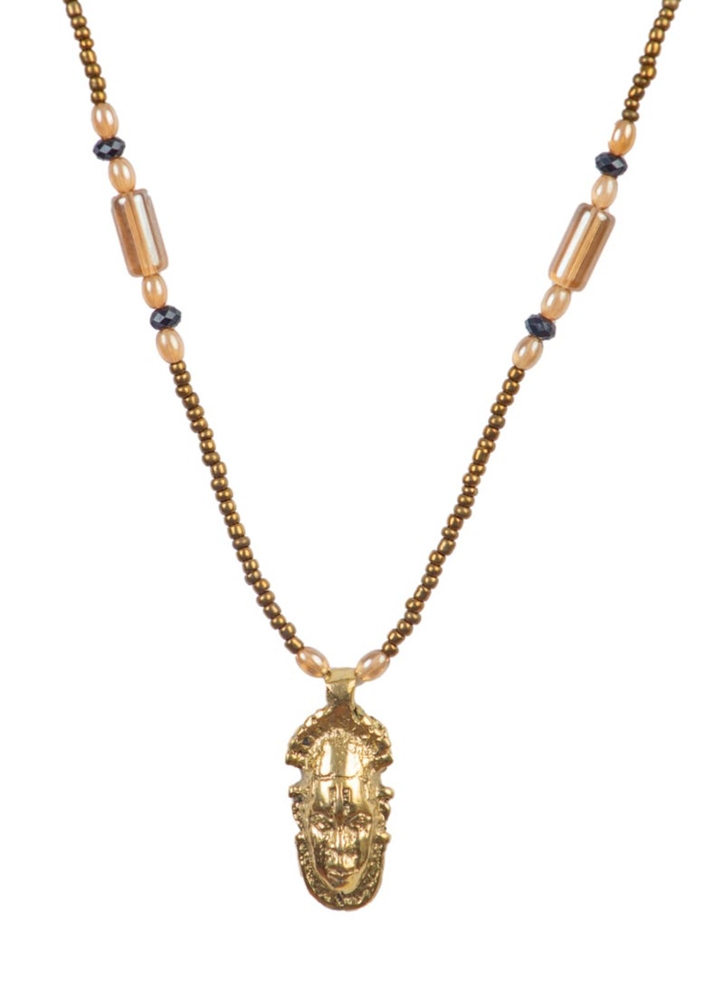 100% Bronze Pendant Of Queen Idia Festac Mask Beaded With Onyx Stones Necklace Queen Of Benin Kingdom Standard Size  - Image 2