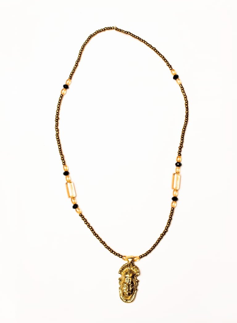 100% Bronze Pendant Of Queen Idia Festac Mask Beaded With Onyx Stones Necklace Queen Of Benin Kingdom Standard Size  - Image 1