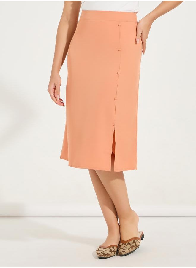 Styli Solid Side Seam Slit Midi Skirt with Buttons  - Image 2