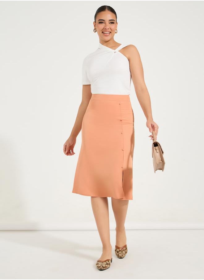 Styli Solid Side Seam Slit Midi Skirt with Buttons  - Image 1