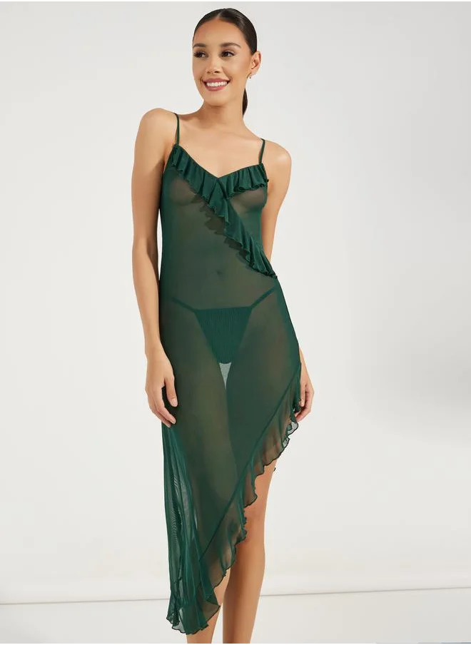 Styli Ruffle Edge Mesh Side Slit Midi Slip Dress