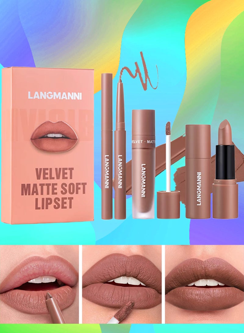 LANGMANNI 3 in 1 Matte Soft Lip Set Lip Liner Liquid Lip Gloss and Lipstick Combo Set Soft Smooth Natural Lip Contour Set Waterproof and Long Lasting Effect All in One Lip Makeup Gift Set 03 - Image 1
