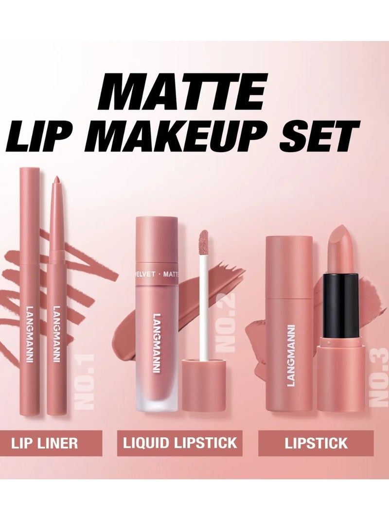 LANGMANNI 3 in 1 Matte Soft Lip Set Lip Liner Liquid Lip Gloss and Lipstick Combo Set Soft Smooth Natural Lip Contour Set Waterproof and Long Lasting Effect All in One Lip Makeup Gift Set 03 - Image 5