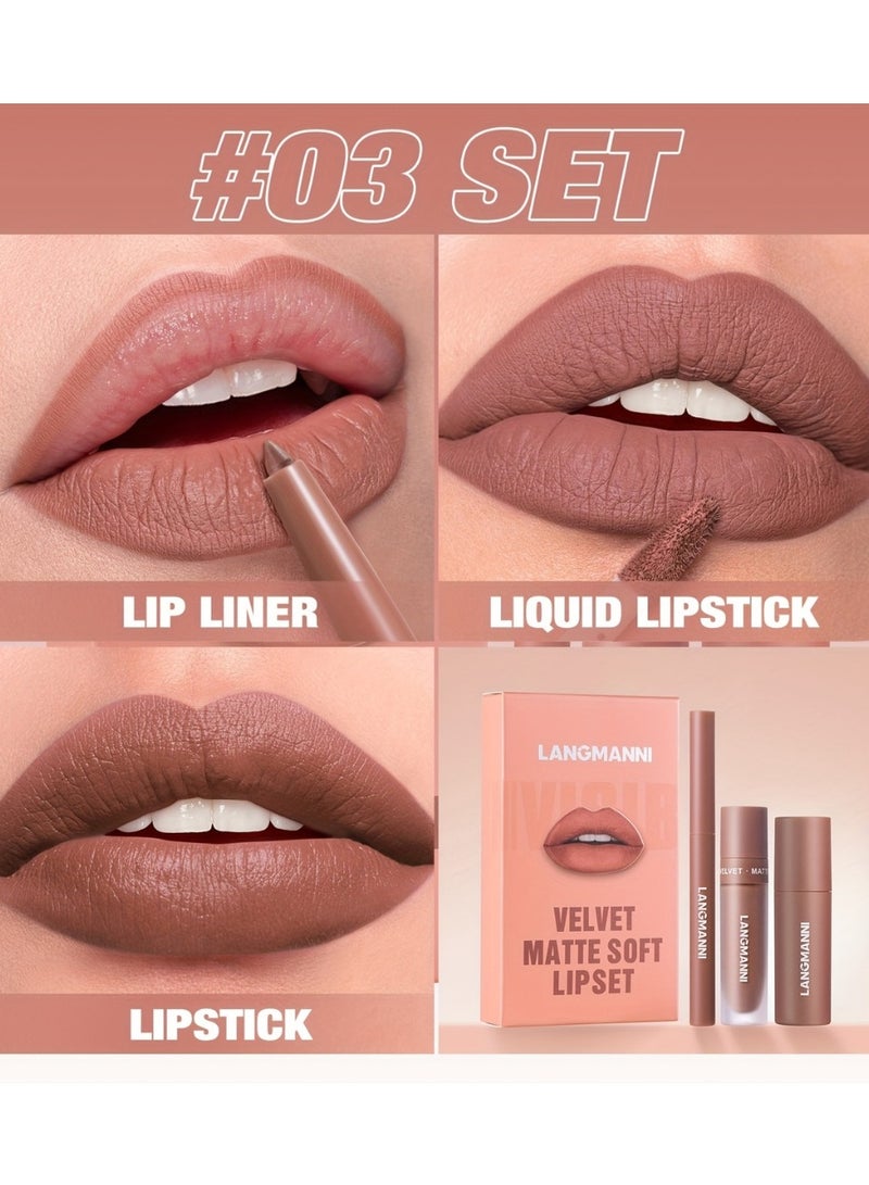 LANGMANNI 3 in 1 Matte Soft Lip Set Lip Liner Liquid Lip Gloss and Lipstick Combo Set Soft Smooth Natural Lip Contour Set Waterproof and Long Lasting Effect All in One Lip Makeup Gift Set 03 - Image 2