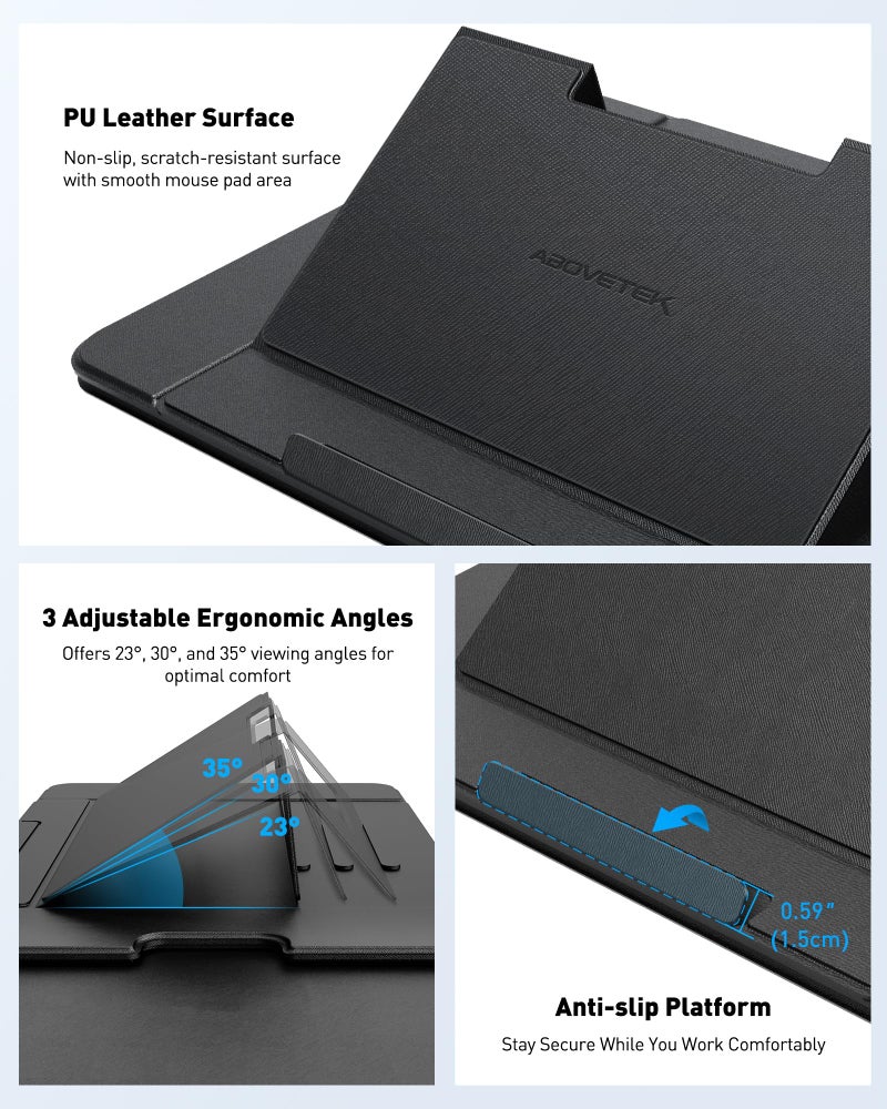 AboveTEK Adjustable Laptop Lap Desk, 3 Ergonomic Angles, PU Leather Non-Slip Surface, Heat Shield, Retractable Mouse Pad, Portable Laptop Lap pad Workstation for Bed, Sofa, Travel - Image 5