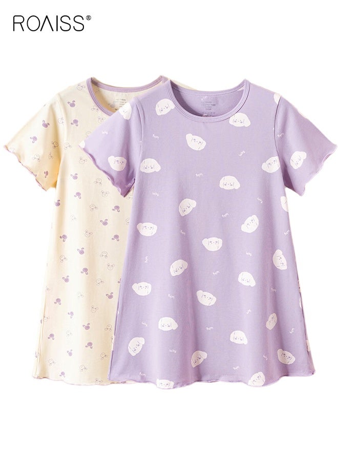 roaiss 2-Pack Cartoon Nightdress Set, Adorable Comfortable Sleepshirts, Girls' Summer Dress, Breathable Short-sleeved Nightgown, Kids Cozy Pajama Dress  - Image 1