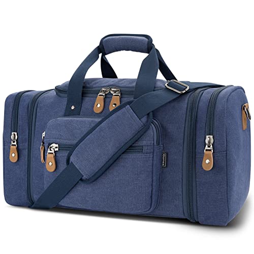 Gonex Canvas Duffle Bag for Travel 60L Expandable Duffel Weekend Overnight Bag men (Blue) - Image 1