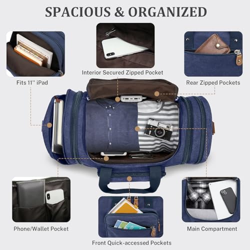 Gonex Canvas Duffle Bag for Travel 60L Expandable Duffel Weekend Overnight Bag men (Blue) - Image 4