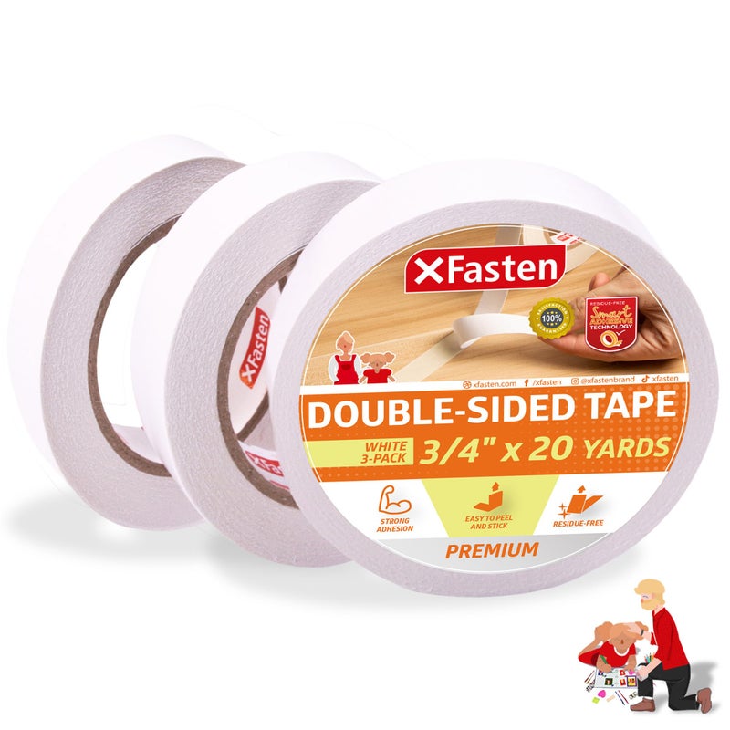 XFasten شريط لاصق مزدوج الجوانب من XFasten، قابل للإزالة، 3/4 بوصة × 20 ياردة، عبوة من 3، مثالي كشريط تغليف هدايا، لتثبيت السجاد، والأعمال الخشبية - Image 1