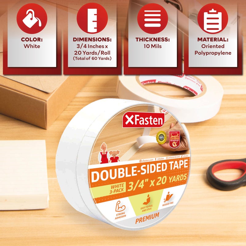 XFasten شريط لاصق مزدوج الجوانب من XFasten، قابل للإزالة، 3/4 بوصة × 20 ياردة، عبوة من 3، مثالي كشريط تغليف هدايا، لتثبيت السجاد، والأعمال الخشبية - Image 3