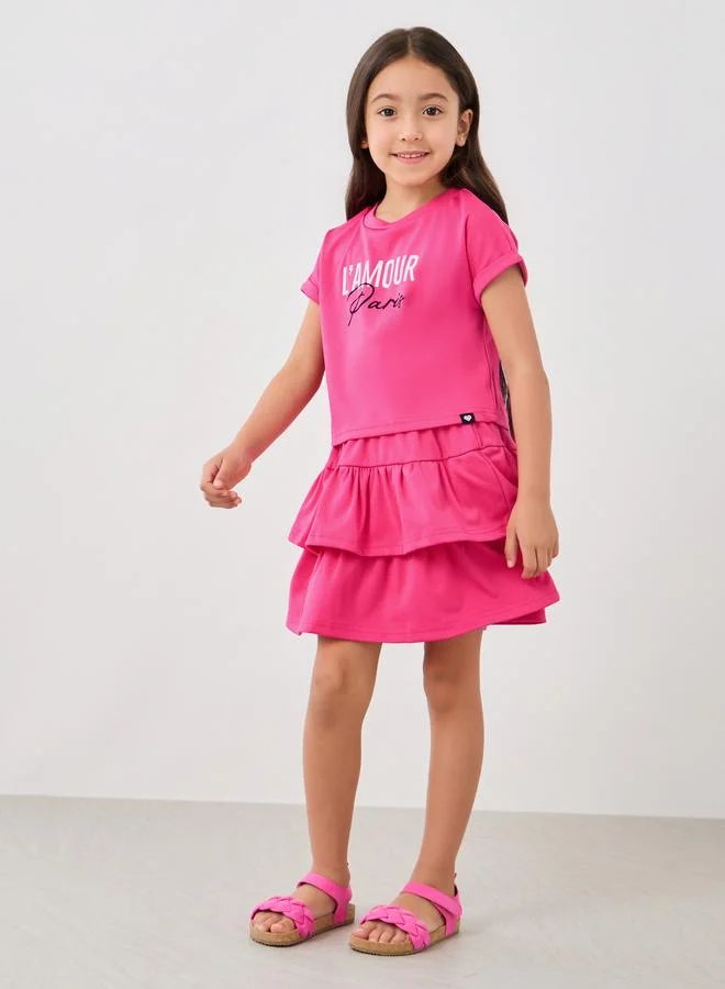 Styli Styli Slogan Print T-Shirt and Layered Skirt Set