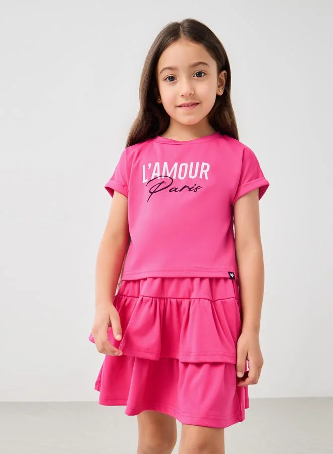 Styli Styli Slogan Print T-Shirt and Layered Skirt Set