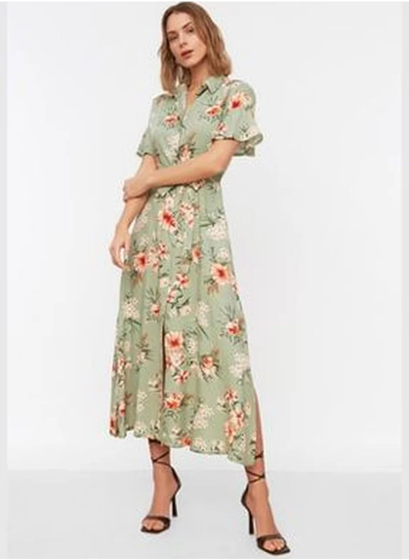 trendyol Maxi Woven Viscose Floral Shirt Dress With Multicolored Belt